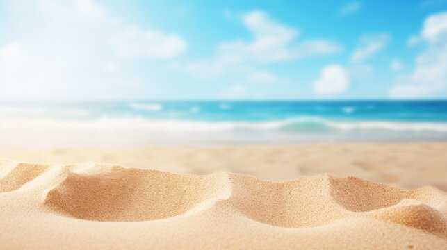 Detailed sand texture upfront with a gentle, unfocused ocean and sky at the horizon