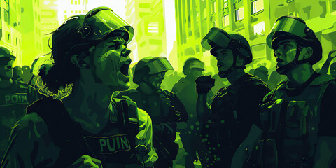 Dialogue (Green): Symbolizes the importance of open communication and dialogue between police and protesters to prevent escalation of tensions