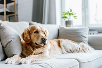 golden retriever dog is lying on a cozy sofa in a modern living room - Powered by Adobe