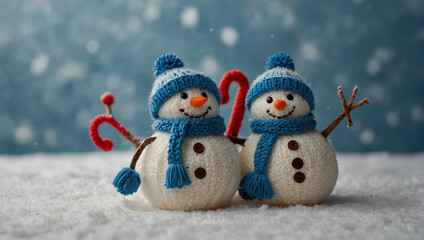 Two knitted snowmen are sitting in the snow against a background of falling