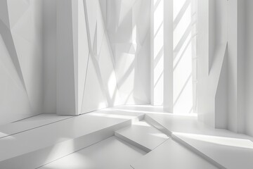 A minimalist white abstract geometric room with sunlight creating shadows on the surfaces