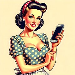 Retro-Inspired Illustration of Smiling Housewife Holding Smartphone in Polka Dot Dress and Headband