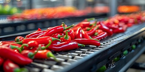 Red hot chili peppers on a conveyor belt in a modern factory