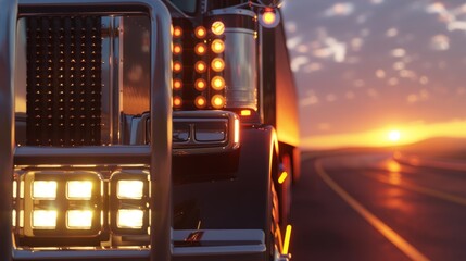 A close-up of a semi truck's front grill driving down the highway at sunset, highlighting its power and strength a reliable workhorse. AI Generative. hyper realistic 