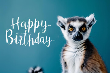 Whimsical Deep Sky Blue Background Adorned with Happy Birthday Calligraphy and a Playful Ringtailed Lemur Baby