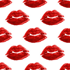 Lip print seamless pattern. Red lips on white background.