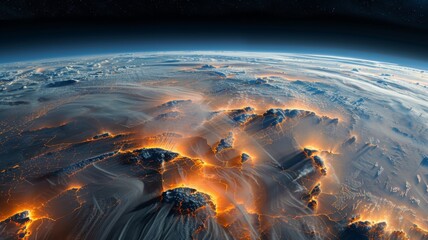 High-altitude view of Earth's surface at night. Bright, glowing lava flows through mountainous regions, creating striking contrast with dark surroundings. Depicts powerful natural phenomena and energy