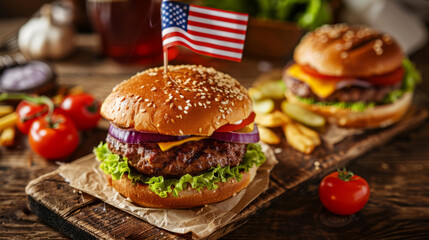 Two hamburgers featuring American flag decorations arranged on a wooden cutting board