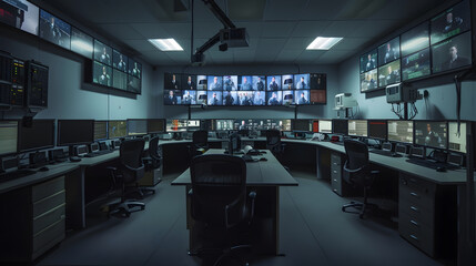 Control room monitoring surveillance video camera control city  Empty space dark room office full of screen device from secret service public safety computer station center No people i : Generative AI