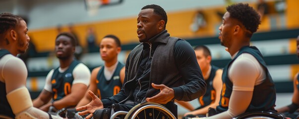 Basketball coach instructing team