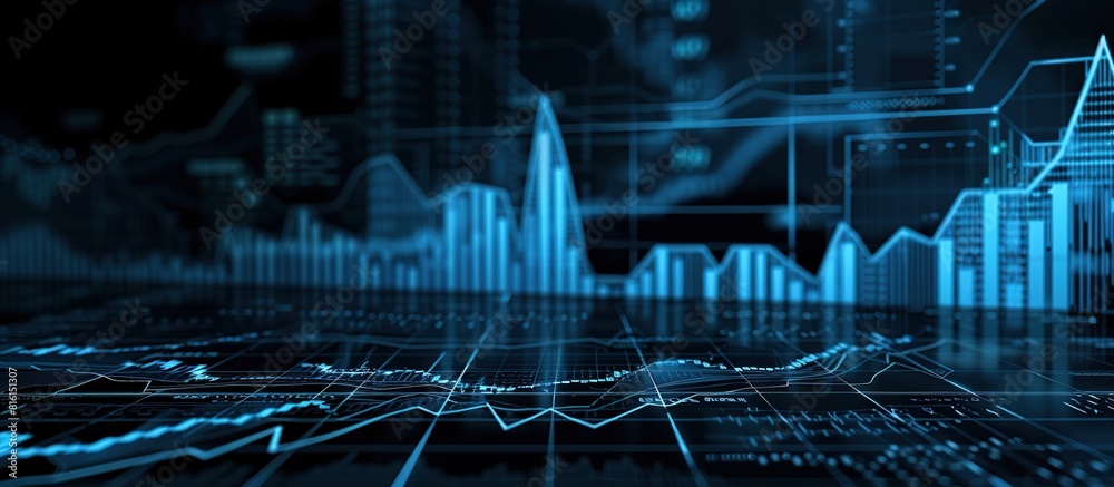 Poster Digital background with financial charts and graphs on dark backdrop blue background.