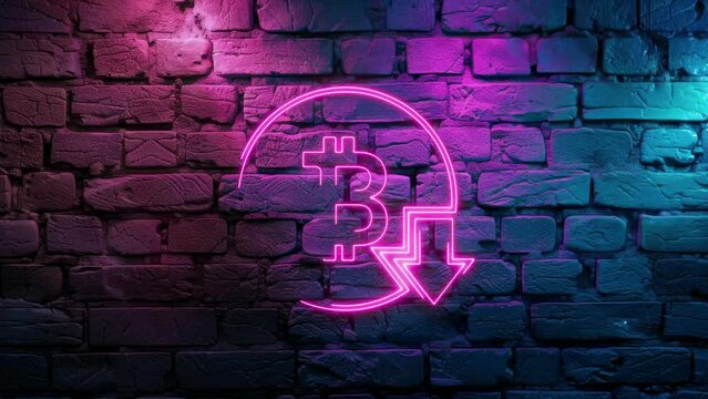 Video footage of Pink glowing Bitcoin price decrease neon icon on brick wall background. Looped Neon Lines abstract on black background.Laser Pictogram animation. Seamless loop