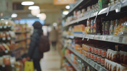 Fototapeta premium Coronavirus related sign rationing food at a supermarket with shopper in the distance : Generative AI