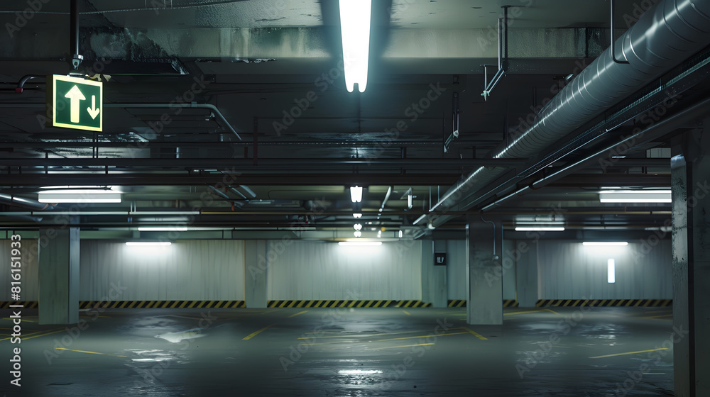 Poster Grungy dimly lit empty parking garage with overhead lights and an exit sign hanging from the ceiling : Generative AI