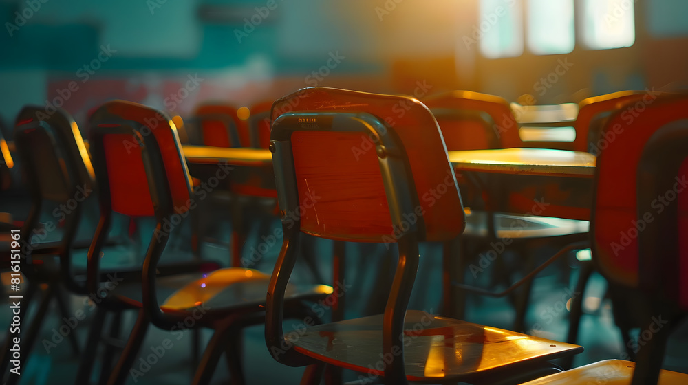 Fototapete selective soft and blur focusold wooden row lecture chairs in classroom in poor schoolstudy room wit