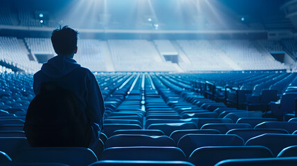 WIDE view of a lonely fan spectator attending a sports event on an empty stadium Isolation events during coronavirus pandemic concept : Generative AI