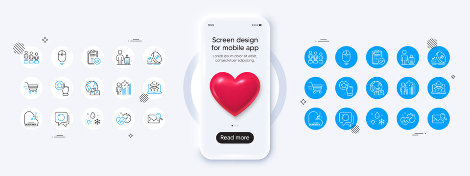 Phone mockup with 3d heart icon. International delivery, Piano and Search mail line icons. Pack of Recovery data, Business statistics, Scroll down icon. Vector