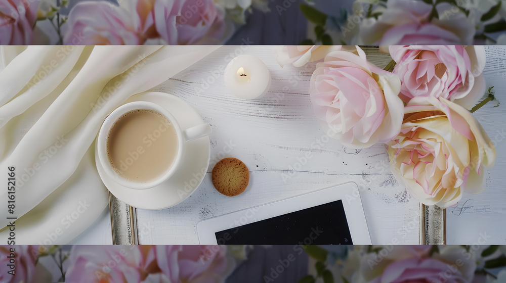 Leinwandbilder morning cup of coffee on the shabby white desk with digital tablet with empty screen candle and fres