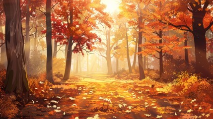 Beautiful autumn forest landscape. Stunning landscape of mixed forest in autumn season. Vector illustration. hyper realistic 