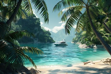 A secluded cove framed by towering palm trees. Crystal-clear water laps at the shore, and a luxurious yacht awaits offshore.