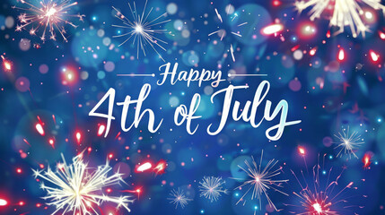 A festive display of fireworks with text "Happy 4th of July". Greeting card for USA Independence Day.