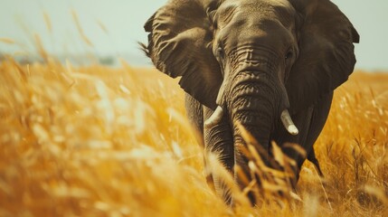 A single majestic elephant stands nobly amidst a golden wheat field under a clear sky, signifying...