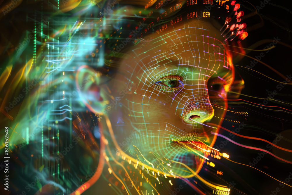 Poster a computer generated image of a person 's face with numbers on it