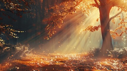 Bright Sun In Autumn Forest ,light rays fall landscape tree,Fantasy Background Magic...