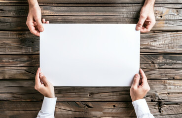 Hands holding a blank white paper over wooden background