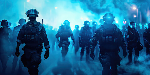 Fototapeta premium Mental Health Considerations (Light Blue): Represents the importance of considering mental health issues in policing strategies and interactions with protesters