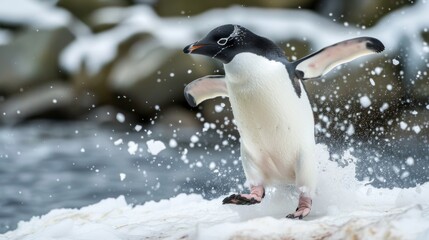 Fototapeta premium A Gentoo penguin is caught on camera flapping its wings vigorously, sending snow particles flying in the harsh Antarctic environment