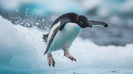 Fototapeta premium A majestic shot of an Adelie Penguin about to dive into the icy Antarctic waters