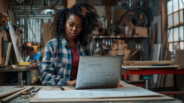 Carpenter america black woman curly hair sketch making notes in work paper while standing at desk with laptop computer in wood workshop, young female working learning online at woodshop
