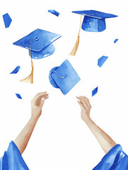 watercolor illustration of hands throwing up blue graduation caps into the air, against a white background, with high detail and resolution in the digital image. The hand drawn details are in the styl