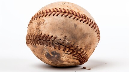 Close-up image of a weathered and used baseball, showing dirt and wear, isolated on a white background