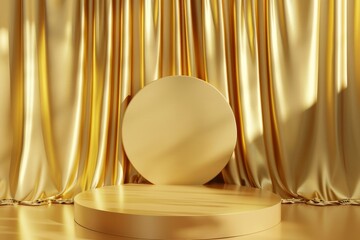 Luxurious display podium with yellow silk curtain and spotlight - 3d rendering illustration
