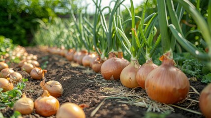 Cultivating onions in summer season. Growing herbs and vegetables in a homestead. Gardening and lifestyle of self-sufficiency. hyper realistic 