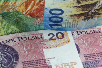 A twenty zloty paper note and a one hundred Swiss franc paper note