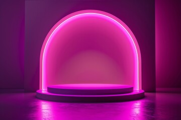 Round pink podium illuminated by purple light