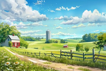 Rural landscape featuring blue sky, rich green fields, farmhouse, and silo portraying agriculture in the countryside