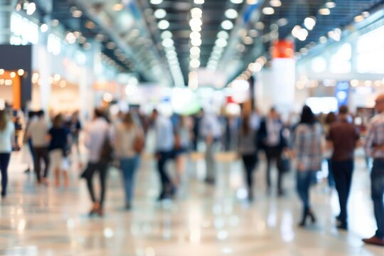 Busy convention center with engaged visitors corporate event business convention blurry backdrop for text display