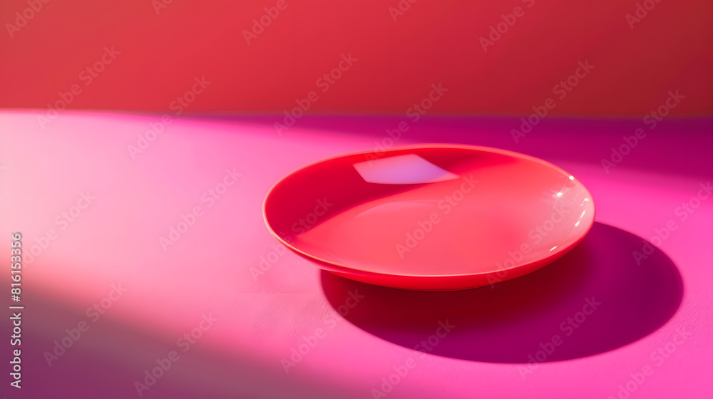 Aufkleber Empty pink plate minimalist on a magenta table Single plate in bright light on a vibrant colored background : Generative AI