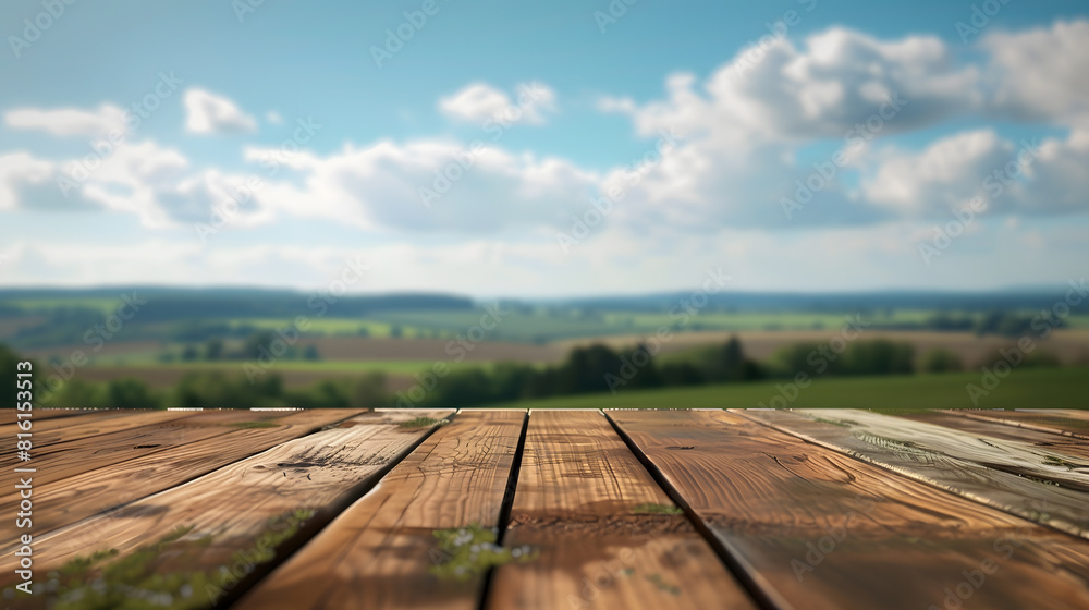 Poster the empty wooden brown table top with blur background of farmland and blue sky exuberant image : gen