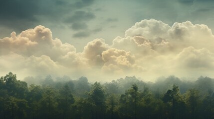 Obraz premium Ethereal landscape of forested hills enveloped by a thick mysterious fog and dramatic cloud formations