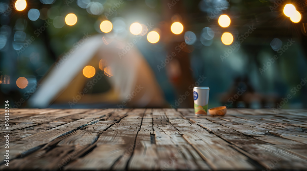 Poster Wooden table top on blur tent camping travel tent at nightDrink and party conceptFor montage product display or design key visual layoutView of copy space : Generative AI