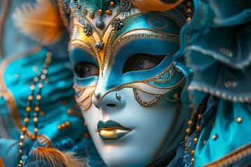 Closeup of an ornate turquoise and gold venetian mask with feathers and beads, expressing mystery and tradition