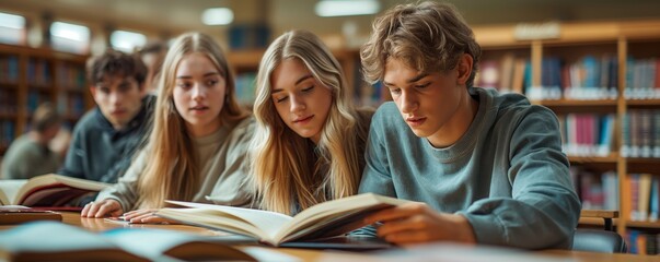 Students studying together in a library setting