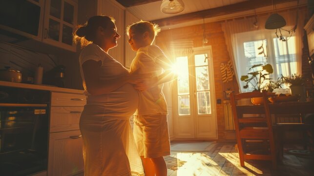 Happy family, pregnant woman with boy child and in kitchen at their home with lens flare. Mother with love or care, mother and cheerful parent with son bonding with dance in their house together