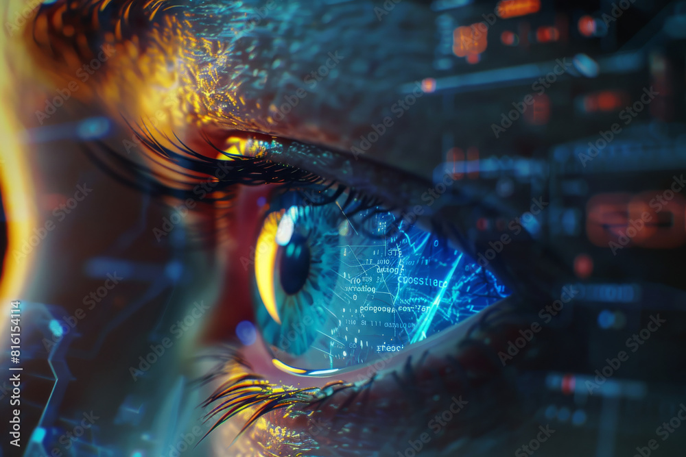 Poster a close up of a woman 's eye with binary code displayed