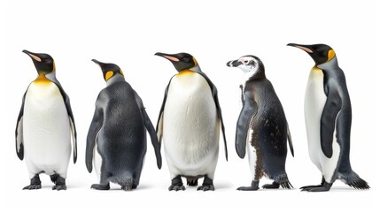 Fototapeta premium Five different penguin species standing side by side isolated on a white background for easy cutout